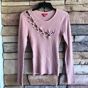Guess Rose Bliss Pink ribbed knit sweater top NWT Large